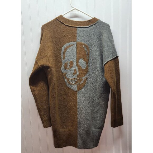Two-Tone Brown & Gray Skull Graphic Cardigan Sweater Button Front Long Sleeve Ov - Picture 1 of 14